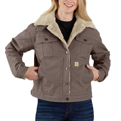 PRICES MAY VARY. Built to move with Rugged Flex stretch technology Sherpa lining for extra warmth Modifiable mock-neck secured tab collar Adjustable hem for a custom fit Adjustable cuffs for a custom fit Women’s Carhartt Jacket, Carhartt Bag, Barn Coat, Barn Jacket, Sherpa Lined Jacket, Carhartt Womens, Safety Clothing, Carhartt Women, Canvas Jacket