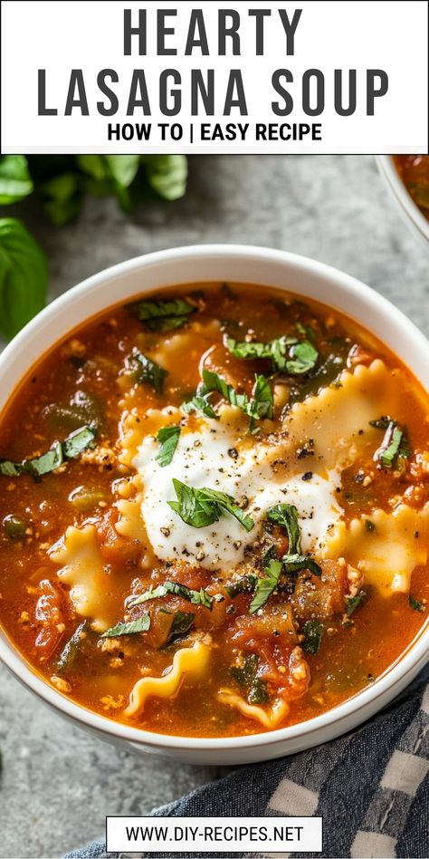 Love lasagna? Try this hearty lasagna soup recipe! Packed with meat, noodles, and cheese, it's an easy and comforting meal for any night of the week. Easy Healthy Lasagna Soup, Lasagna Soup With Cream Cheese, The Best Lasagna Soup, Lasagne Soup Recipe Easy, One Pot Lasagna Soup Recipe, Lasagna Soup With Heavy Cream, Dutch Oven Lasagna Soup, Lasagna Soup Recipe Easy, Lausana Soup