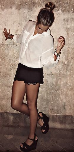 Black Wedges Outfit, Lace Short Outfits, Wedges Outfit, Sport Clothing, Sheer White Blouse, Black Lace Shorts, Shorts Outfit, Fashion Attire, Black Wedges