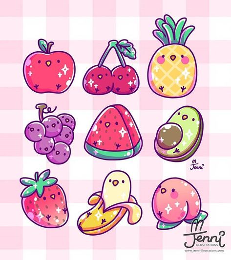 Fruit Birbs 💖🐥🍓🍒🍑🍉🍎🥑🍌🍍 ...#foodart #foodanimal #fruittart #birbs #birdlover #peachbutt #jennillustrations Jenni Illustrations, Kawaii Sweets, Chibi Food, Kawaii Fruit, 귀여운 음식 그림, Images Kawaii, Art Mignon, Karakter Disney, Art Kawaii