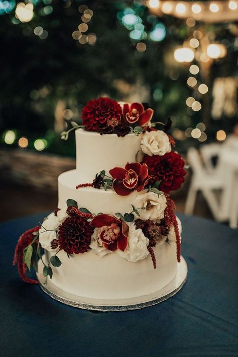 13 Winter Wedding Cakes We Love the Look Of! | weddingsonline Wedding Red Cake, Red Flower Wedding Cake, Wedding Cake Red Flowers, Red Wedding Cake Elegant, Cake With Burgundy Flowers, Wedding Cake With Red Flowers, White And Red Wedding Cake, Cake With Red Flowers, Red Wedding Cakes