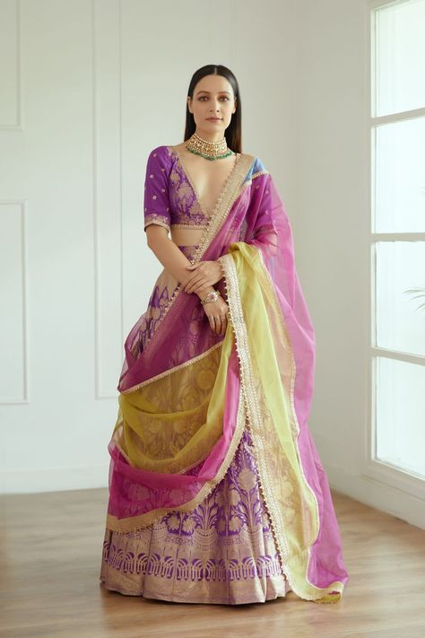 Purple banarasi lehenga set Studio Iris, Mirror Work Lehenga, Banarasi Lehenga, Organza Lehenga, Indian Wedding Wear, Lehenga Blouse, Indian Dress, Silk Lehenga, Lehenga Designs