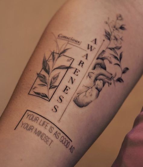 Floral Tattoo Upper Thigh, Open Minded Tattoo, Patient Tattoo, Perspective Tattoos, Earthy Tattoos, Tato Minimal, Clever Tattoos, Writing Tattoos, Greek Tattoos