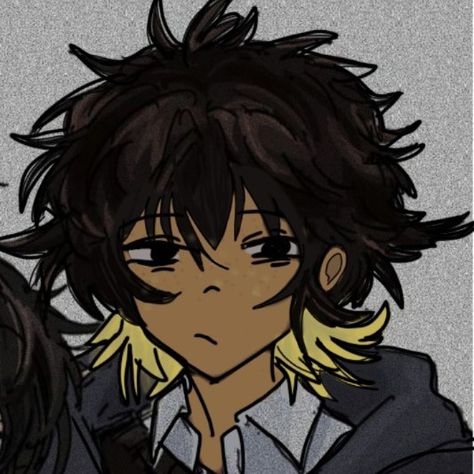 Cute vibe yellow black hair anine Brown Anime Guy Pfp, Anime Curly Hair Guy, Yellow Hair Character Design, Curly Boy Hair Drawing, Black Haired Oc Male, Curly Hair Anime Boy, Black Hair Boy Art, Black Hair Oc Male, Masc Pfps