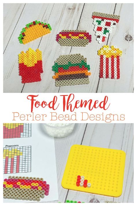 6 food themed Perler Bead/fuse bead designs includinf a taco, hamburger, hot dog, french fries, pizza, and popcorn. Taco Hamburger, Perler Bead Designs, Pony Bead Projects, Melty Bead Patterns, Easy Perler Beads Ideas, Perler Art, Diy Perler Bead Crafts, Kandi Patterns, Kids Crafting