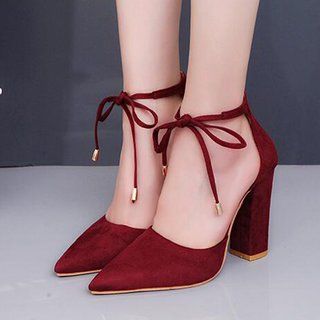 Nude Chunky Heel Bowknot Dress Suede Heel High Heel Shoes Elegant, Kasut Wanita, Hak Tinggi, Party High Heels, Chunky High Heels, Thick Heels, Toe Sandals, Lace Up Heels, Bridal Shoes