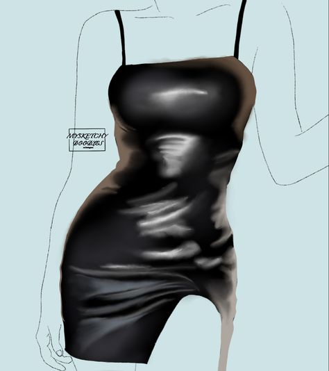 Black Dress Drawing Reference, How To Draw Tight Clothing, How To Shade Black Clothes, Black Clothes Drawing, Dress Shading Drawing, Short Dresses Drawing, Dress Shading, Clothes Rendering, Black Dress Drawing