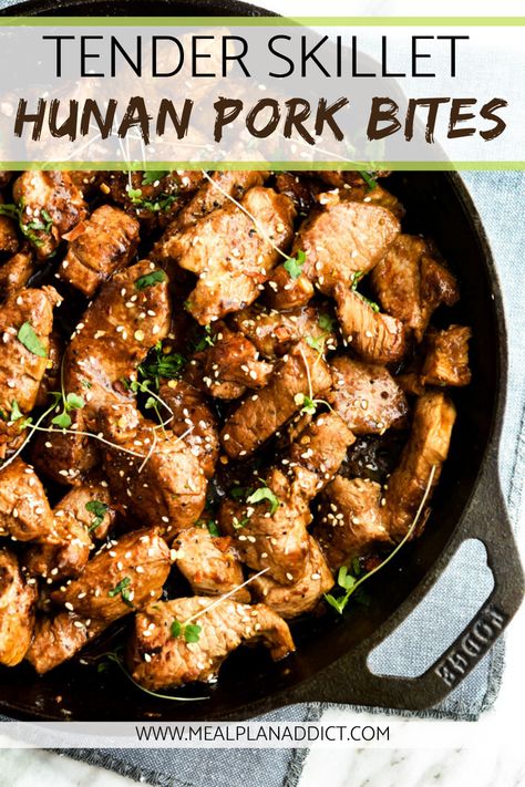 Tender Skillet Hunan Pork Bites, with a super quick cook time of 7 minutes or less means dinner is amazingly delicious and on the table in less than 20 minutes – especially if you prep it as a freezer meal like I do! #freezermealprep #hunanporkbites #mealplanaddict #skilletporkbites Hunan Pork Recipe, Pork Freezer Meals, Pork Bites, Freezer Meal Planning, Make Ahead Freezer Meals, Freezer Meal Prep, Freezer Meal, Prep Recipes, 7 Minutes