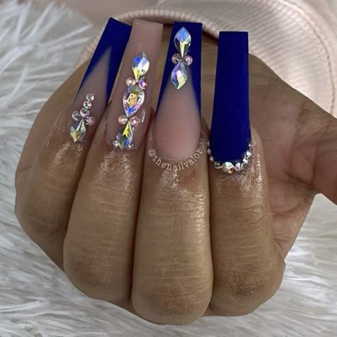 Royal Blue Nails Diamonds, Pretty Nail Ideas Acrylic Blue, Prom Nail Ideas Royal Blue, Royal Blue Acrylic Nails Sparkle, Acrylic Nails Solid Color Simple Long, Nails Inspiration Royal Blue, Navy Nails With Rhinestones, Saphire Blue Quinceanera, Royal Blue Prom Acrylic Nails