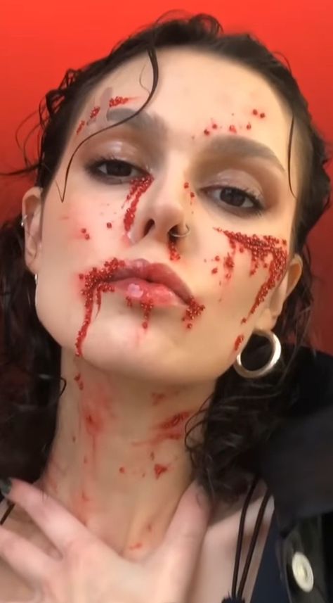 Beat Up Face Makeup Halloween, Teeth Halloween Makeup, Slasher Victim Halloween Costume, Glam Gore Makeup, Halloween Makeup Looks Blood, Rhinestone Blood Makeup, Slasher Makeup, Gore Halloween Makeup Looks, Halloween Costumes With Blood