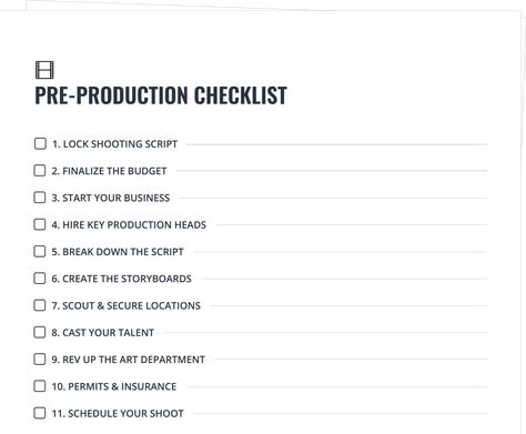 Pre Production Film Checklist, Movie Production Studio, Pre Production Film, Film Producer Aesthetic, Film Checklist, Movie Storyboard, Filming Content, Filmmaking Ideas, Filmmaking Tips