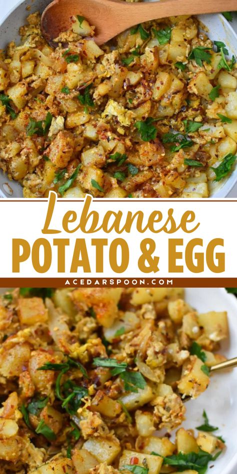 This Lebanese Potato and Egg is an easy summer BBQ side dish that starts with eggs, potatoes with onion, garlic, warm Mediterranean spices, and fresh parsley. It also makes the best 4th of July food! Lebanese Potatoes And Eggs, Easy Egg Dishes Dinners, Halal Brunch Ideas, Vegetarian Recipes With Eggs, Easy Arabic Dinner Recipes, Egg Recipes Vegetarian, International Potato Recipes, Potato Recipes Entree, Egyptian Breakfast Ideas