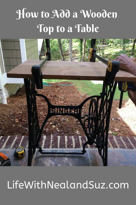 How we built my sewing machine table, which included adding a wood tabletop from reclaimed heart pine flooring. It is beautiful and functional in my craft room. #sewingtable #sewingtableideas #DIY #repurpose #craftroom #table #woodtabletop Tailoring Images, Antique Sewing Machine Table, Old Sewing Machine Table, Sewing Table Repurpose, Singer Sewing Machine Table, Sewing Tables, Old Sewing Machine, Sewing Machine Tables, Sewing Machine Repair