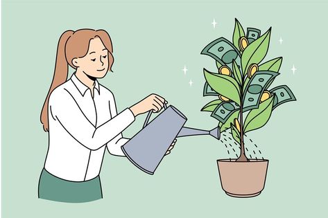 Growing profit and financial success concept. Smiling woman worker standing and watering green money plant tree with cash money on branches vector illustration Money Animation, Green Money, Presentation Pictures, Branch Vector, Vision Board Wallpaper, Financially Stable, Smiling Woman, To Be A Woman, Alphabet Writing