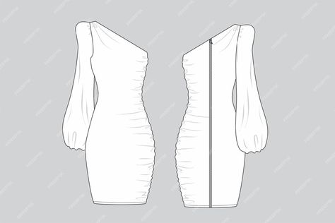 Premium Vector | One shoulder drapped dress puff sleeve dress technical fashion illustration Puff Sleeve Sketch, Dress Sketch, Flat Drawings, Dress Puff Sleeve, Dress Illustration, Cocktail Wear, Flat Sketches, Puff Dress, Dress Flats