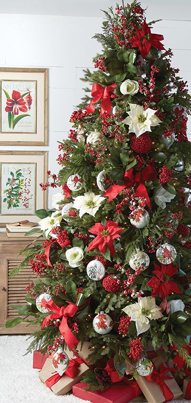 Deck The Halls Christmas Tree. By RAZ Imports. Inspiration for our Upside Down Poinsettia Tree 2018 Pre Decorated Christmas Tree, Christmas Tree Poinsettia, Christmas Tree Inspiration, Christmas Poinsettia, Beautiful Christmas Trees, Christmas Tree Themes, Noel Christmas, Decoration Christmas, Country Christmas