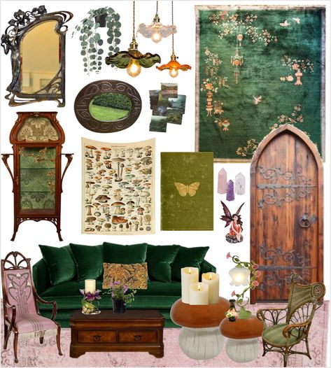 Fairycore Living Room Ideas, Fairycore Interior Design, Fairycore Apartment, Fairycore Living Room, Enchanted Forest Home Decor, Art Nouveau Cabinet, Moody Victorian, Victorian Botanical, Art Deco Carpet