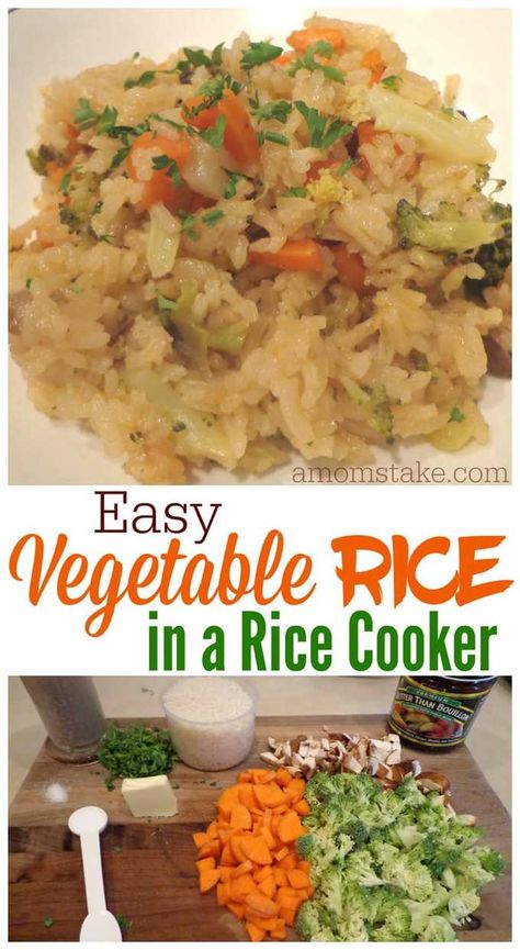 So easy this vegetable rice recipe is all cooked in your rice cooker, so no extra dishes needed! Hooray for a one pot dinner meal that cooks itself! Recipes In Rice Cooker, Rice Cooker Pasta, Vegetable Rice Recipe, Multicooker Recipes, Snacky Foods, Rice In A Rice Cooker, Zojirushi Rice Cooker, Aroma Rice Cooker, Potato Soup Easy