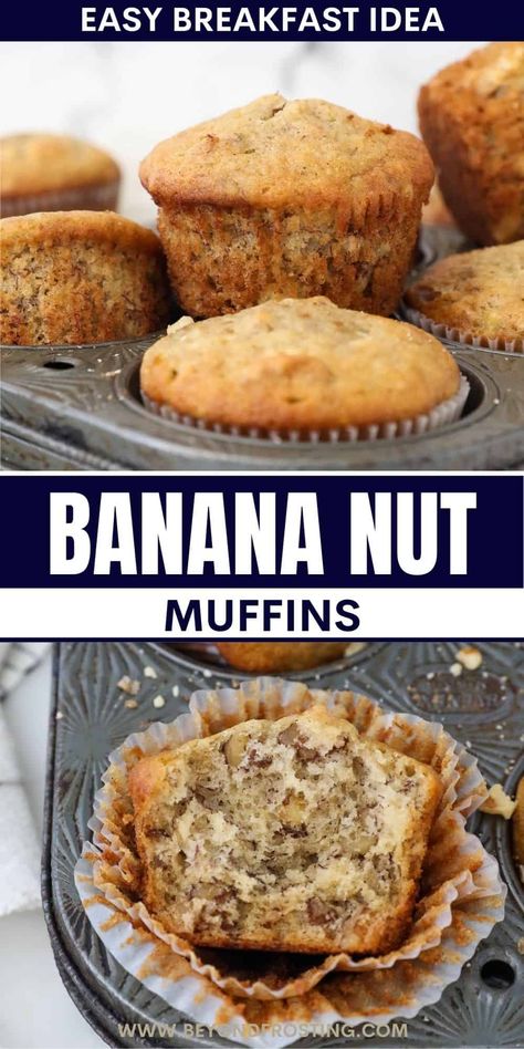 Light, fluffy muffins are loaded with mashed bananas and crunchy walnuts in this quick and easy breakfast! These healthy Banana Nut Muffins will delight your taste buds and fuel your body with essential nutrients like protein, fiber and potassium. Banana Nut Muffins Healthy, Easy Banana Nut Muffins, Cups Recipes, Banana Walnut Muffins, Healthy Banana Muffins, Nut Muffins, Tin Recipes, Banana Muffin, Banana Nut Muffins