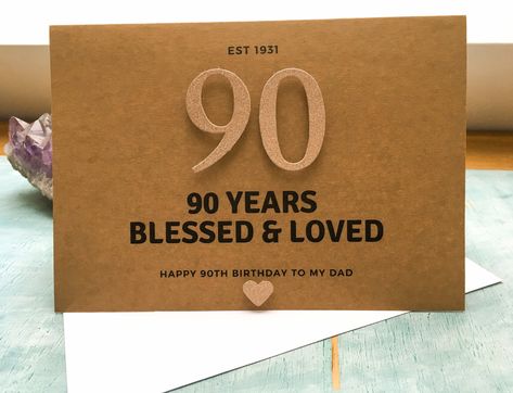 90 years blessed and loved! This custom card is perfect for giving to someone on their 90th birthday. This is for an A5 sized 90th birthday card made from rustic brown recycled kraft card with a 90 in rose gold glitter and a little glitter heart under the wording. The card reads Est 1931 (or the relevant date) 90 Years blessed and loved Happy 90th birthday (or choose from the wording options available) The inside of the card is left completely blank for your own message. Perfect to give to someo 90th Birthday Card Ideas Handmade, 90th Birthday Cards For Men, 90th Birthday Card, 100th Birthday Card, 90th Birthday Cards, Happy 90th Birthday, 30th Birthday Cards, Male Birthday, Birthday Card Drawing