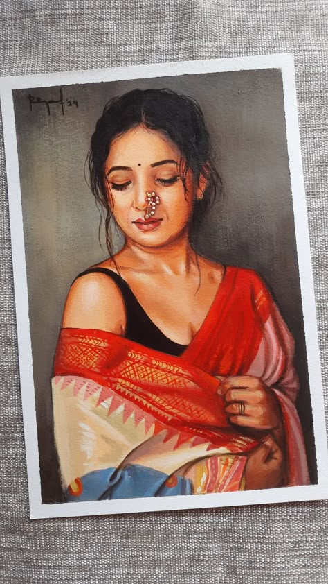 Indian Women Canvas Painting, Good Figures Women, Bengali Women Painting, Creative Portraits Painting, Acrylic Painting Reference, Figure Painting Woman, Acrylic Painting Indian, Penting Art, Sayali Sanjeev