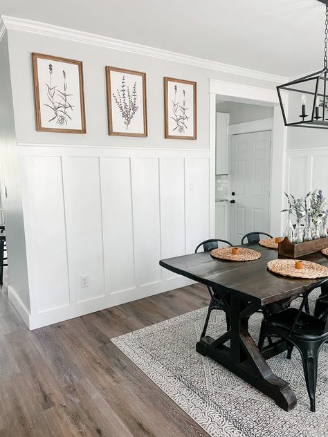 Paneled Dining Room Wall, Dining Room Waynes Coating Ideas, Board And Batten Dining Room Wall, Small Dining Room Accent Wall, 2 Tone Dining Room Walls, Half Wall Dining Room, Dining Room Wall Paneling, Dining Room Shiplap, Beadboard Dining Room