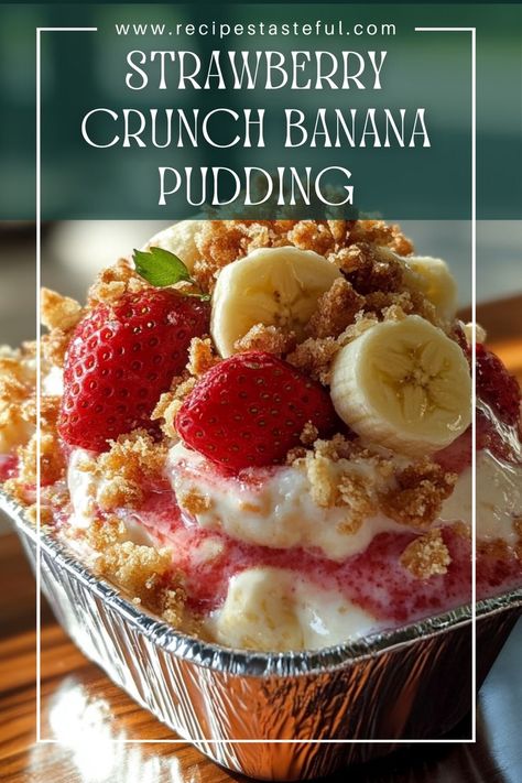 Delight in the creamy goodness of Strawberry Crunch Banana Pudding, featuring layers of luscious banana pudding, fresh strawberry sauce, and a crunchy topping. This dessert is perfect for warm days and family gatherings! Strawberry Crunch Banana Pudding, Strawberry Banana Pudding Recipe, Creamy Banana Pudding, Pudding Recipes Homemade, Banana Cream Pudding, Strawberry Pudding, Strawberry Crunch, Best Banana Pudding, Strawberry Delight