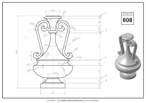 2D CAD EXERCISES 608 - STUDYCADCAM Autocad 3d Modeling, Isometric Drawing Exercises, Autocad Isometric Drawing, Geometric Shapes Drawing, 3d Geometry, Autocad Tutorial, Drawing Furniture, Interesting Drawings, Mechanical Engineering Design