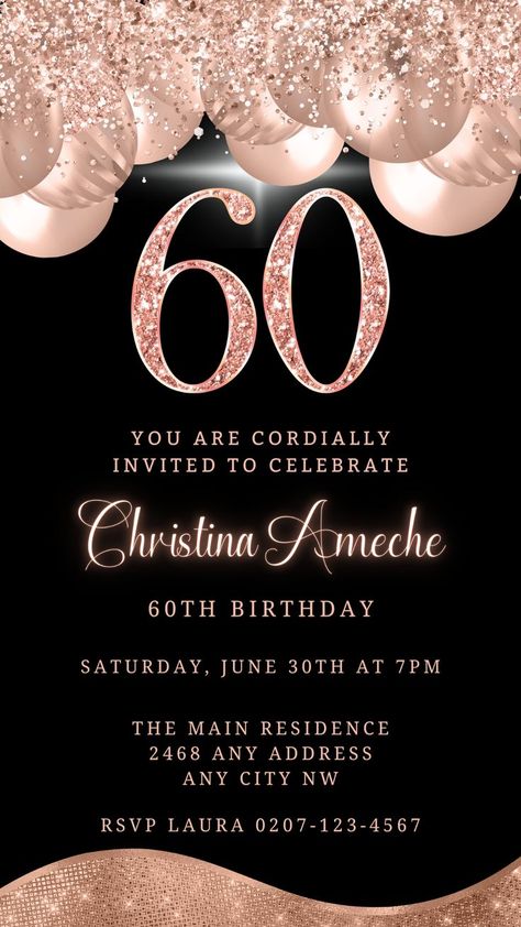 Celebrate in style with our exquisite Elegant Rose Gold 60th Birthday Digital Party Invitation!🎉 Set the stage for a glamorous and unforgettable celebration.✨Let the shimmering gold accents and elegant rose design captivate your guests from the moment they receive this digital invitation. 💌 Click the link✨ #60thBirthday #birthday #birthdayparty #birthdaypartyideas #invitationideas #birthdaydecor #birthdaypartydecor #birthdaydinner #birthdayfun #partydecorideas #dinnerideas #birthdaydecorations Best Birthday Outfits, Easter Gender Reveal, Christmas Gender Reveal, Outfits Birthday, Birthday Evite, 80th Birthday Invitations, Luau Theme Party, Rose Gold Balloons, 100th Birthday