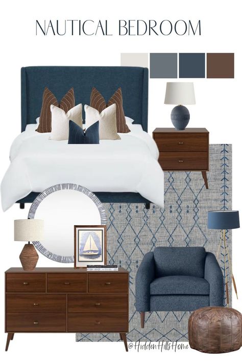 Bedroom Design Ideas Simple, Simple Bedroom Design Ideas, Nautical Bedroom Decor, Decor Mood Board, Masculine Bedroom Decor, Nautical Decor Bedroom, Brown Bedroom Decor, Teenager Bedroom Boy, Nautical Bedroom