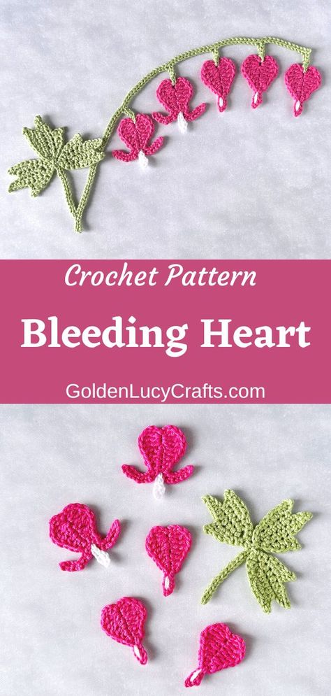 Crochet applique bleeding heart plant. Flower Applique Patterns, Crochet Rose Pattern, Rose Patterns, Crochet Applique Patterns Free, Crochet Garden, Crochet Butterfly Pattern, Heart Applique, Crochet Flowers Free Pattern, Crochet Plant