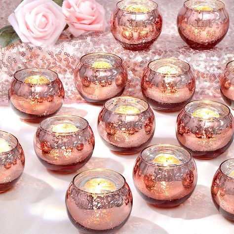 Rose Gold Party Decorations, Gold Votive Candle Holders, Pink Candle Holders, Gold Votive Candles, Decorations For Wedding, Rose Gold Party Decor, Mercury Glass Candle Holders, Mercury Glass Candles, Glass Tealight Candle Holders