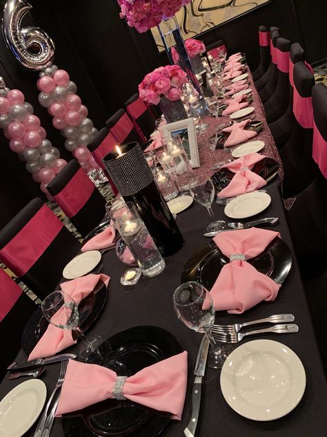 Pink Black Sweet 16, Light Pink And Black Birthday Decor, Sneaker Ball Food Ideas, 25 Shades Of Pink Party Ideas, Sweet 16 Pink And Black Theme, Pink Black And Silver Sweet 16, Black And Pink 18th Birthday Ideas, Sweet 16 Party Ideas Pink And Black, Pink Black Party Decorations