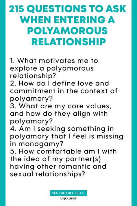 Explore 215 thought-provoking questions to consider when starting a polyamorous relationship. Communication and honesty are key in navigating the dynamics of polyamory. Use these questions as a guide to deepen your understanding of yourself and your partners in this unique relationship structure. Entering a polyamorous relationship requires self-awareness, open-mindedness, and respect for all individuals involved. Start meaningful conversations and explore mutual agreements to build strong found Relationship Definition, Relationship Communication, Open Mindedness, Polyamorous Relationship, Public Display Of Affection, Social Circles, Questions To Ask Yourself, Relationship Dynamics, First Relationship