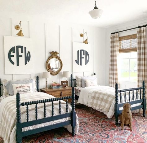 Classic Boys Room, Bedroom With Twin Beds, Monogram Bedroom, Twin Boys Room, Bed Frame Ideas, Little Boys Bedroom, Batten Walls, Shared Boys Rooms, Boys Shared Bedroom