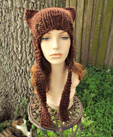 Chunky Knit Hat, Hat with Ears, Womens Hat, Mens Hat, Winter Hat, Earflap Hat, Cat Hat, Knit Beanie, Fall Fashion, Sequoia Brown Fall Fashion Accessories, Earflap Hat, Womens Hats, Chunky Knit Hat, Pixie Hat, Womens Hat, Winter Hats For Men, Brown Hats, Cat Hat