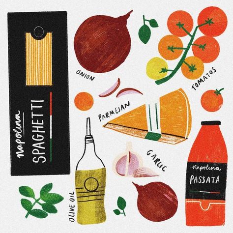 Philippa Coules on Instagram: "Can you guess the recipe? 🍅 🍝 #foodillustration #editorialillustration #illustrator #colour #drawing #fooddrawing #basil #italian #foodie #foodiegram" Recipe Zine, Diy Infographic, Italian Food Illustration, Cutesy Drawings, Ingredient Illustration, Spaghetti Illustration, Drawing Recipes, Recipes Drawing, Italian Drawings