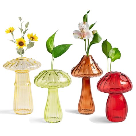 PRICES MAY VARY. UNIQUE SHAPE DESIGN: The hydroponic vase is designed with a lovely mushroom shape, which is cute, unique and novel. The glass has no edges, no bubbles, and no wrinkles, safe and beautiful. Perfect choice for table centerpiece decoration PACKAGE INCLUDE: You will receive 4 modern mushroom vases, 4 different color and designs, each size: 12 x 9 cm/4.7x3.5 inch EXQUISITE WORKMANSHIP: The mushroom shaped vase is made of high-quality glass, with urable and easy to clean, exquisite wo Mushroom Vases, Hydroponic Vase, Mushroom Vase, Summer Wedding Centerpieces, Unique Flower Vases, Vase Plant, Vases For Flowers, Decor For Wedding, Plant Containers