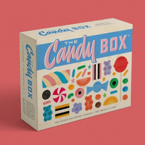 THE CANDY BOX Candies packaging design Lettering and art direction : Nicolò Giacomin Illustrations :  Lucia Calfapietra ----- Nicolò Giacomin — Typography and lettering Candy Box Packaging Design, Graphic Design Box Packaging, Retro Product Packaging, Retro Box Design, Cool Box Packaging, Retro Design Packaging, Retro Candy Packaging, Graphic Packaging Design, Sweets Graphic Design