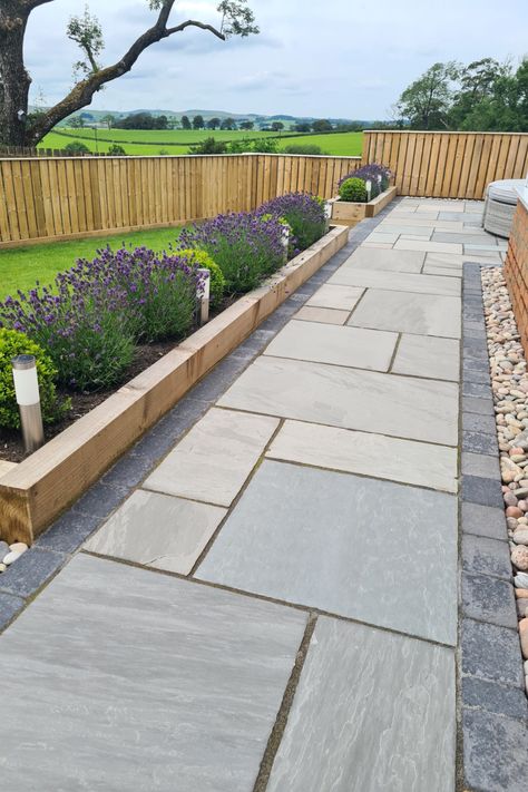 Sandstone Pathway, Cool Colour Palette, Back Garden Landscaping, Garden Slabs, Outdoor Paving, Sandstone Paving, Grey Aesthetic, Stone Landscaping, Modern Backyard Landscaping