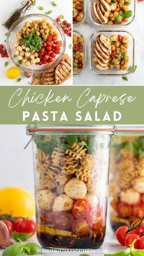 Chicken Caprese Salad, Chicken Caprese, Salad Jar Recipe, Caprese Pasta Salad, Mason Jar Salad Recipes, Quick Meal Prep, Caprese Pasta, Salad Meal Prep, Healthy Lunch Meal Prep