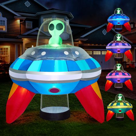 PRICES MAY VARY. Stunning Design. This 5 feet tall Halloween inflatable rising UFO with color changing lights is a sight to behold. Its sleek design features a UFO hovering above ground, complete with intricate details that mimic the look of a real spacecraft. The attention to detail makes it a standout addition to any Halloween display. Product size 5 x 5 x 5 feet. This inflatable comes with an extended cord, ground stakes， fastened ropes, built-in sandbags, and a plug with UL certification. Po Alien Decor, Alien Halloween, Inflatable Decorations, Red Lights, Halloween Inflatables, Yard Decorations, Halloween Outdoor, Ufo Sighting, Halloween Displays