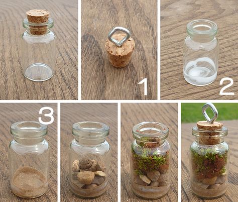 Terrariums are all the rage right now and projects for them are popping up all over the interne... Mini Terrarium, Tiny Jars, Terrarium Jewelry, Mini Glass Bottles, Mini Bottle, Miniature Bottles, Bottle Jewelry, Bottle Charms, Mini Craft