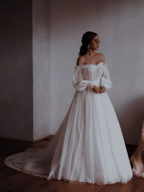 Long Off Shoulder Wedding Dress, Wedding Dresses Aesthetic Simple, Boom Blush Wedding Dress, Appalachian Wedding Dress, Wedding Dresses With Sleeves Off Shoulder, Brandy Cinderella Wedding Dress, Flowy Wedding Dress Whimsical Sleeves, Simple Wedding Dress For Outdoor Wedding, Flowing Sleeves Wedding Dress