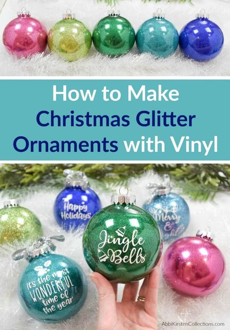 DIY Glitter Ornaments: How to make easy custom Christmas ornaments with vinyl. Free Christmas word SVG cut files and how to put vinyl on a curved surface! Christmas Balls Diy, Diy Glitter Ornaments, Christmas Ball Ornaments Diy, Christmas Glitter Ornaments, Clear Plastic Ornaments, Christmas Diy Kids, Glitter Ornaments Diy, Table Ornaments, Diy Christmas Ornaments Easy