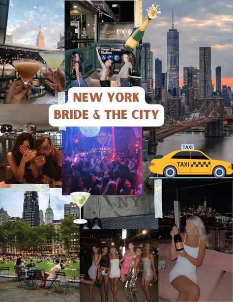 Inspo for bachelorette trip. New York Bachelorette trip #brideandthecity #bacheloretteinspo #bachcity Bride And The City Bachelorette, City Bachelorette Theme, Nyc Bachelorette Party Theme, Bachelorette Collage, New York Bachelorette Party, New York City Bachelorette Party, Bachelorette Party Nyc, New York Bachelorette, Nyc Bachelorette Party