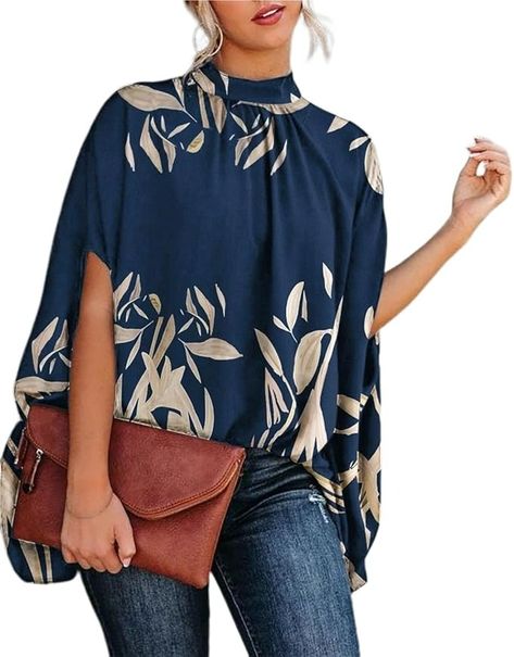 Melliflo Women's Mock Neck Batwing Tops Half Sleeve Loose Chiffon Blouses Oversized Summer Shirts(LF-NB, S) at Amazon Women’s Clothing store Mode Prints, Blouse Zara, Batwing Sleeve Top, Batwing Blouse, Mock Neck Blouse, Round Neck Shirt, Elegant Blouses, Loose Outfit, Collars For Women