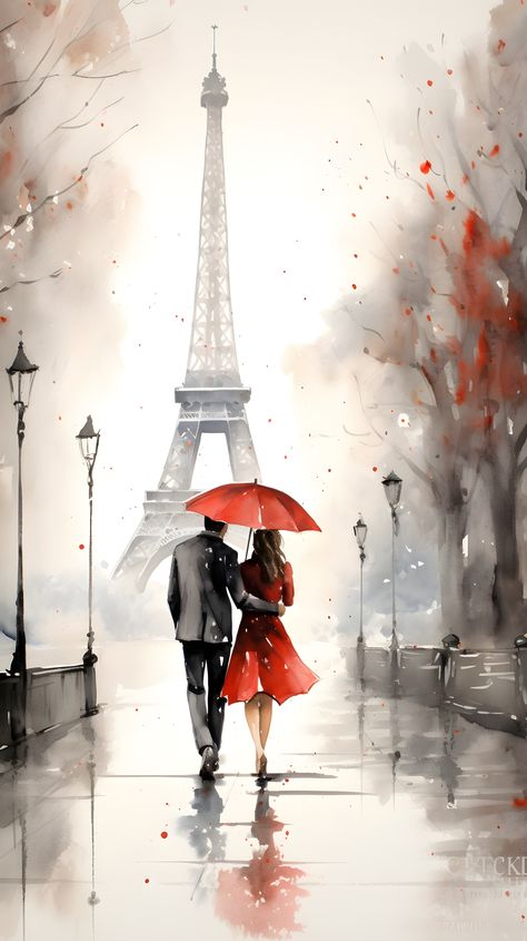 Paris Art Painting, Eiffel Tower Painting, Eiffel Tower Art, Paris Painting, Romantic Paintings, Umbrella Art, Couple Painting, Red Umbrella, City Painting