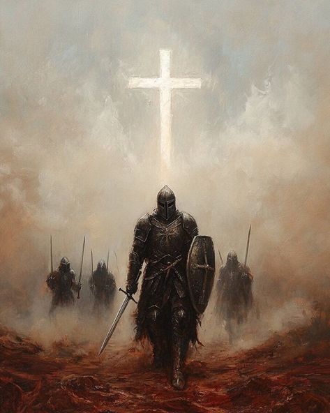 Dark Biblical Art, Angel Knight, Christ Is King, Templar Knight, Biblical Artwork, Medieval Artwork, Warrior Concept Art, Crusader Knight, Dark Fantasy Artwork