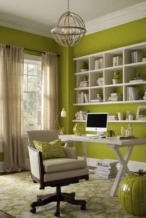 Explore the daily routine of interior designers incorporating the refreshing Key Lime (BM 2035-50) paint in their decor projects for a vibrant and citrusy ambiance. #Ad #homedecor #homedesign #trendgirlApartment #Painthome #interiorarchitecture Wall Colors Green Room Colors Bright Room office Colors Apartment Renovation Home office Remodeling Modern Paint Colors 2024 Bright Green Office, Green Painted Walls Living Room, Lime Green Office, Lime Green Room, Lime Green Rooms, Lime Green Wall, Accent Wall Bedroom Paint, Green Room Colors, Paint Colors 2024